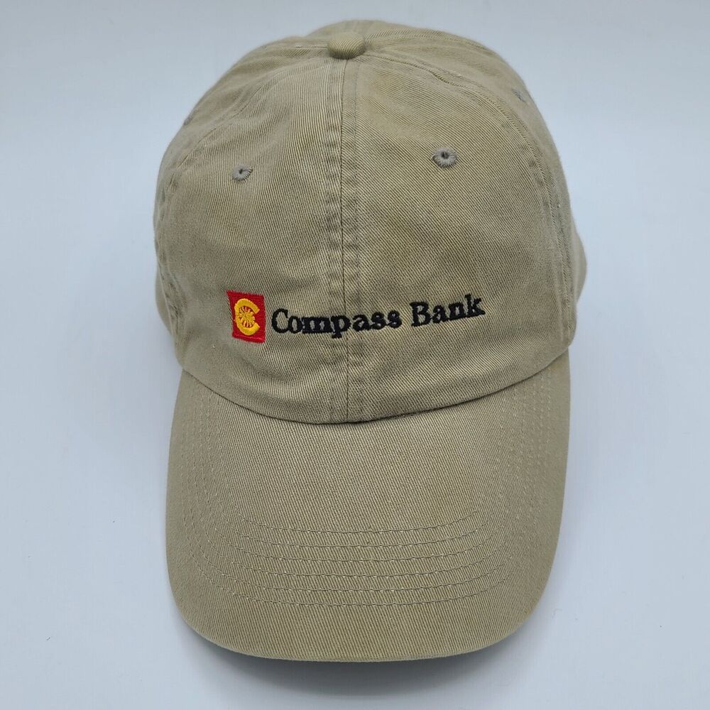 VINTAGE Compass Bank Shiva Hat Beige Cotton Strap Back Baseball Cap Dad Hat